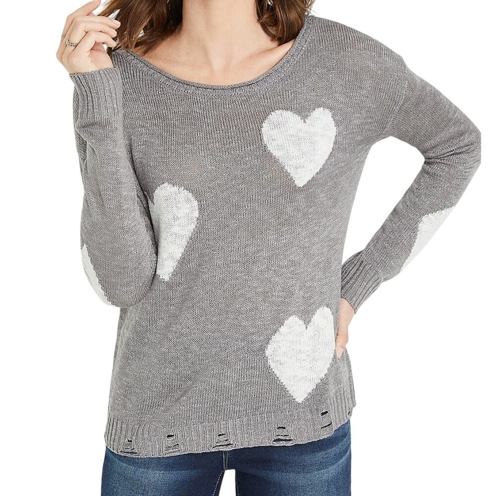 Maurices Womens Gray Destructed Hem Drop Shoulder Heart Sweater Size XL
